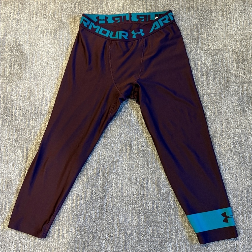 Under Armour Purple Compression Unisex Leggings Teal Accents Youth XL Athleisure - Picture 4 of 7
